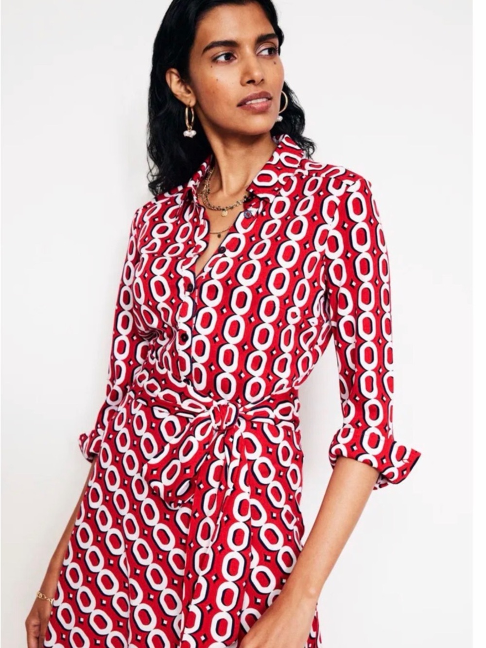 Boden “Laura”Red & White Geometric Cotton Tencel Shirt Dress with Belt